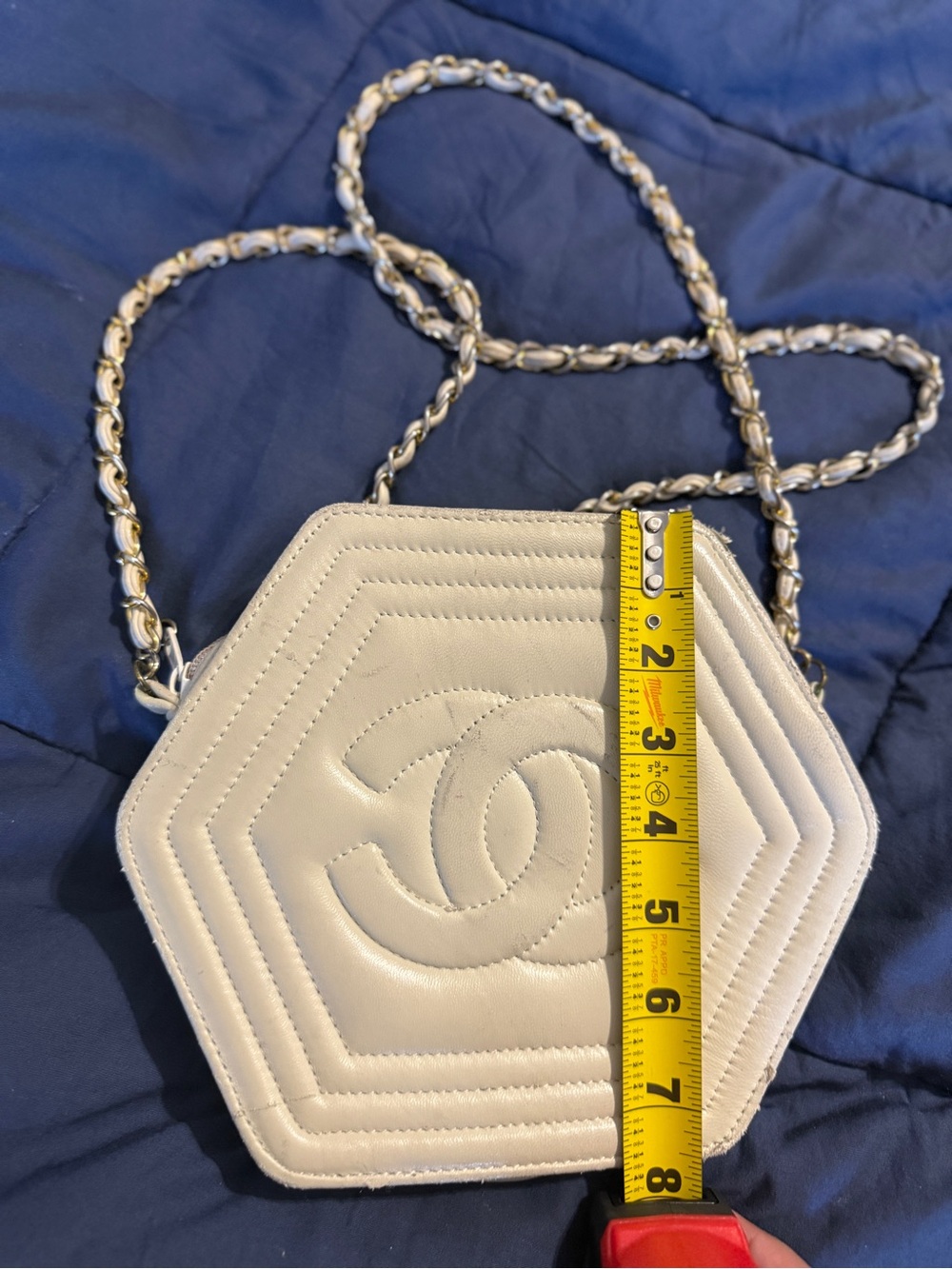 CHANEL White Vintage Lambskin RARE Hexagon Crossbody Bag with Chain Strap